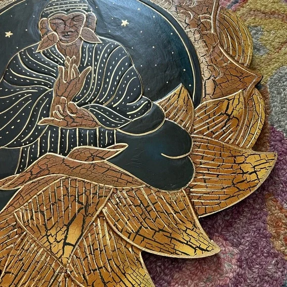 Vintage 15.5" Crackled Wood Handcarved Gold and Black Buddha Wall Art Indonesia - Picture 13 of 15